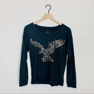 🪴$5/25🪴 American Eagle Plush T Cozy Gray Fleece Graphic Pullover Sweater Small